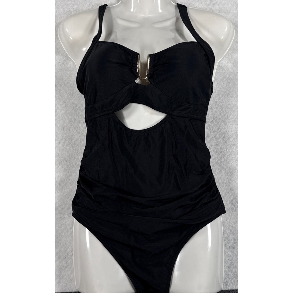 Womens Medium Black Cutout‎ Tie Back Ruched One Piece Swimsuit NWT